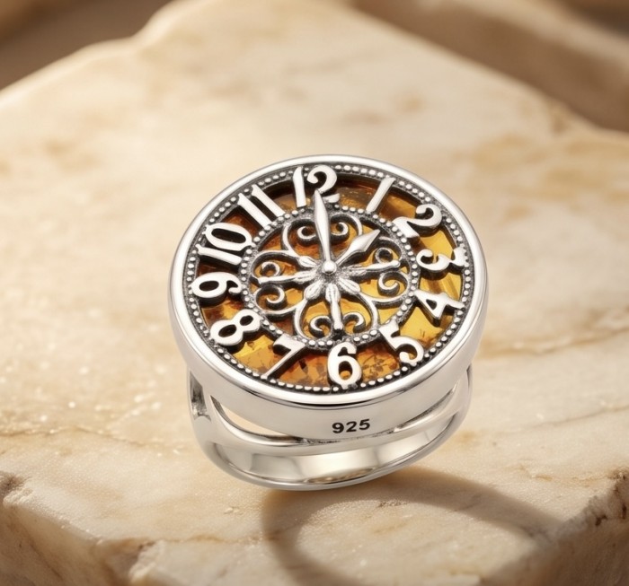 The Light Watchmaker Authentic Baltic Amber .925 Sterling Silver handcrafted ring; s. 6 adjustable - Detailed view of amber and sterling silver ring with watch face design