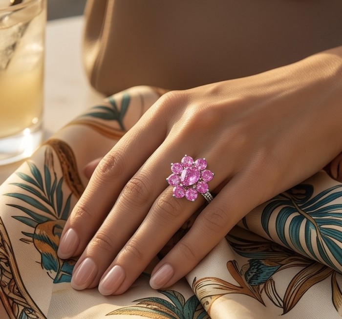 Anastasia 10.8 carat Pink Sapphire .925 Sterling Silver dipped in Rhodium Handcrafted Statement Ring size 7 - Pink sapphire ring on hand, showcasing its floral design and sparkle.