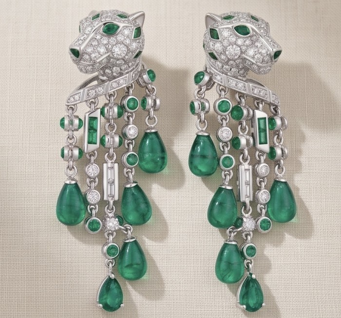 Cheetah 5.9 carat Emerald Moissanite .925 Sterling Silver .925 Sterling Silver handcrafted Statement earrings - Cheetah emerald earrings, front view, sterling silver, detailed design.