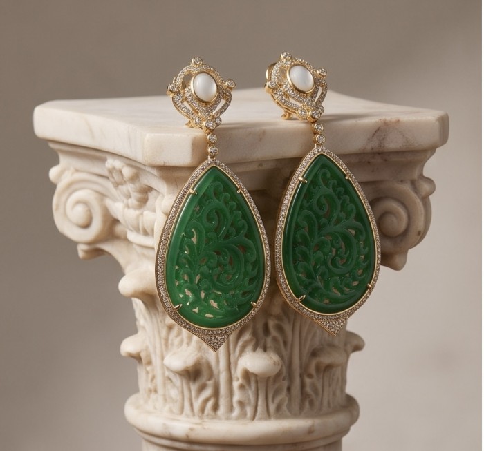 Enchanted Beauty 10.5 carat authentic Jade 14K Gold over .925 Sterling Silver handcrafted Long Statement earrings - Elegant jade earrings in gold, front view on marble pedestal.
