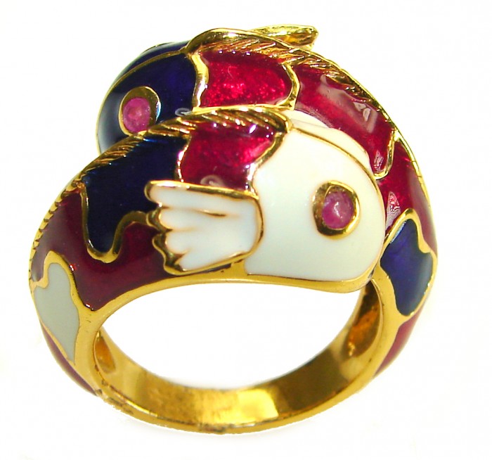 Two Fishes Enamel Ruby 18K Gold over .925 Sterling Silver Huge handcrafted Ring s. 6 3/4 - photo 3