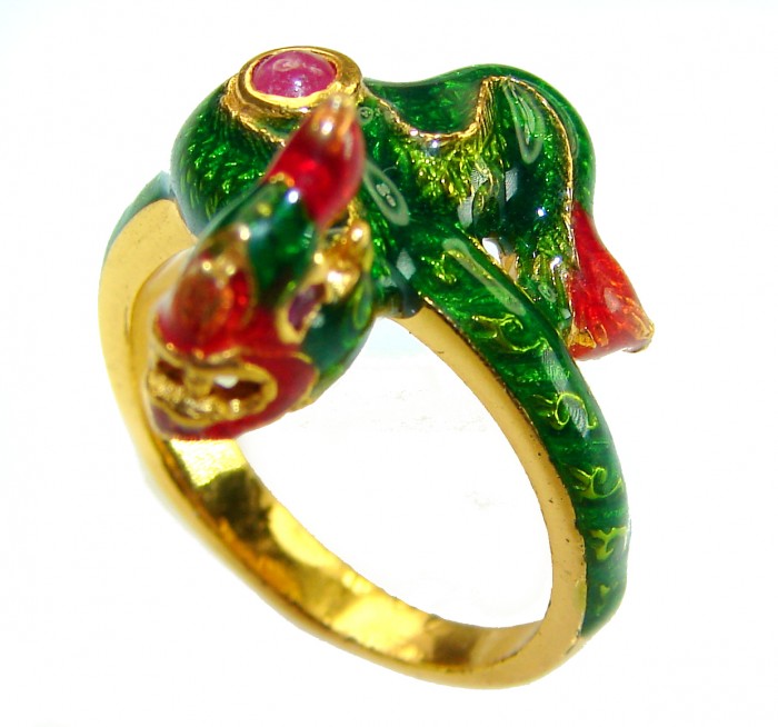 Green Snake Ruby Enamel 18K Gold over .925 Sterling Silver handcrafted Ring s. 6 3/4 - photo 2