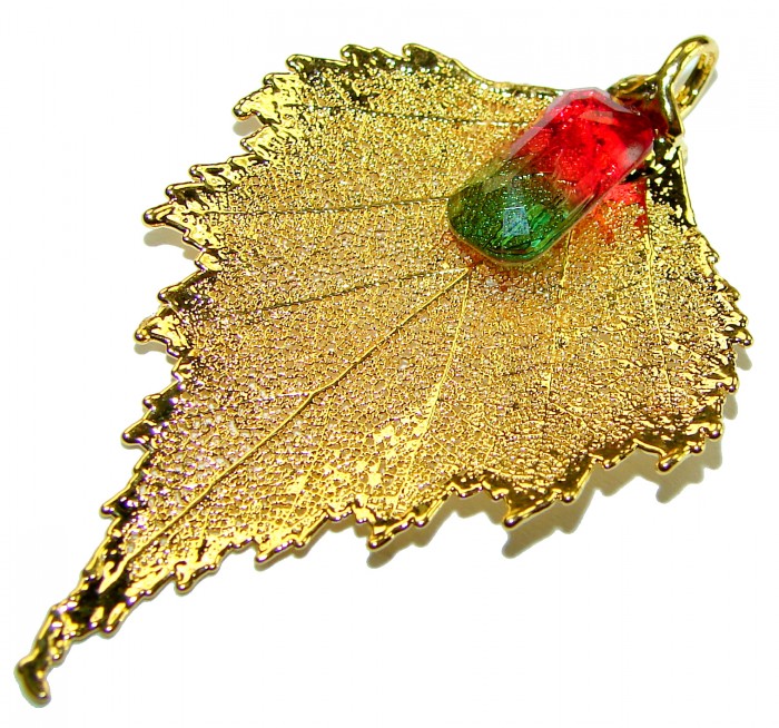 Stylish REAL Leaf Coved with Sterling Silver and 14K Gold Golden Topaz Tourmaline & .925 Sterling Silver Pendant - photo 3