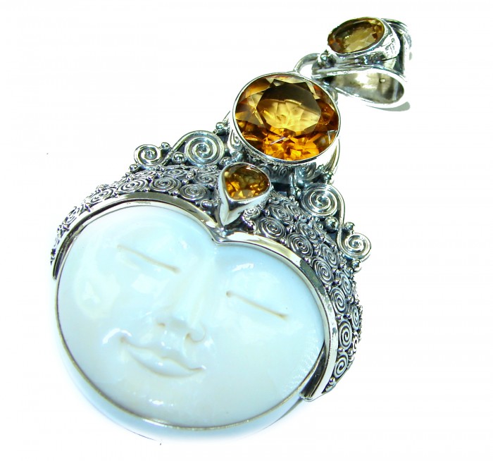 7Moonface - Authentic Carved Ox Bone 6.8 carat Citrine .925 Sterling Silver Pendant - photo 3
