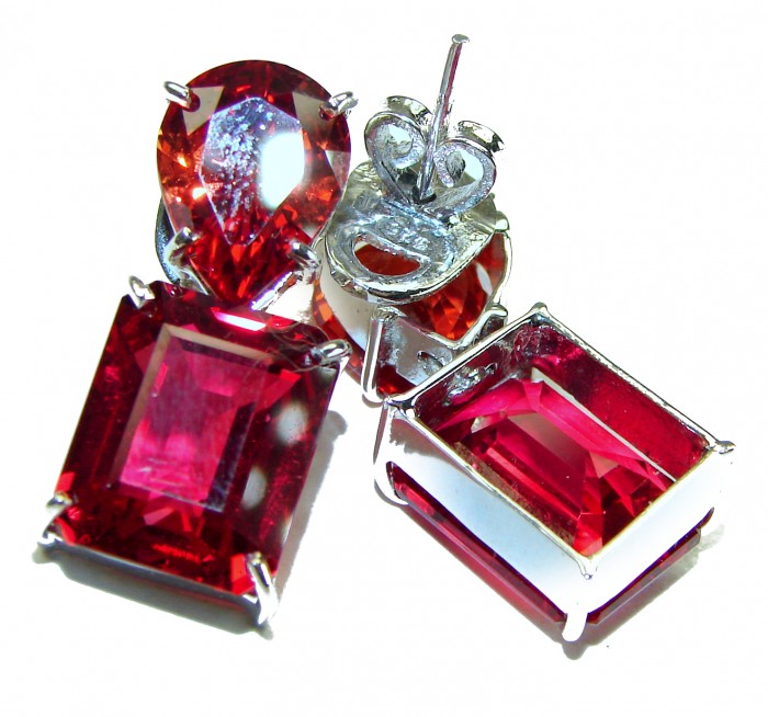 Blooming Rose baguette cut 19.5 carat Red Topaz .925 Sterling Silver handmade Statement earrings - photo 1