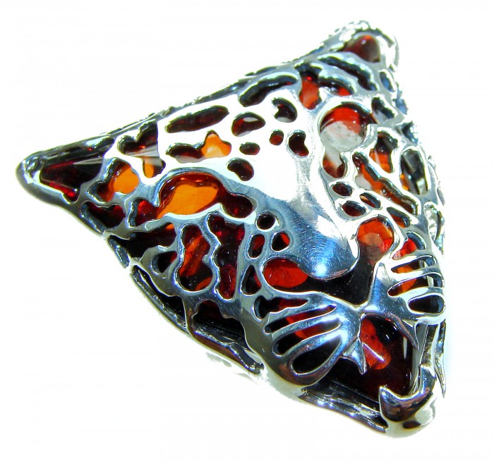 Precious Cheetah Baltic Amber .925 Sterling Silver handmade Large ring size 8 adjustable - Cheetah amber pendant close-up in .925 sterling silver, front view.
