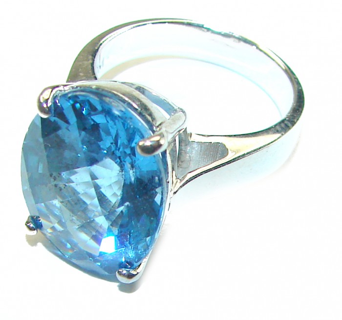 Purity 8.8 carat authentic Swiss Blue Topaz .925 Sterling Silver handmade Ring size 6 3/4 - Close-up of Swiss Blue Topaz ring in sterling silver.