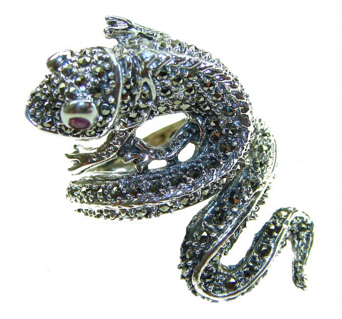 Lizard Natural Marcasite Ruby .925 Statement Sterling Silver ring size 7 - Intricate close-up of lizard-shaped sterling silver ring with marcasite and ruby.