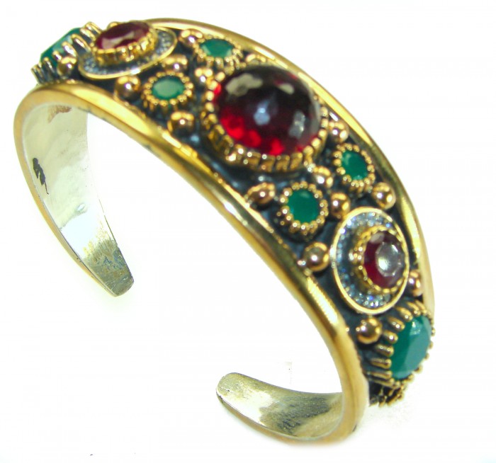 Victorian Style 22.5 carat Ruby Emerald & White Topaz .925 Sterling Silver Bracelet / Cuff - Victorian-style bracelet side view with ruby and emerald stones