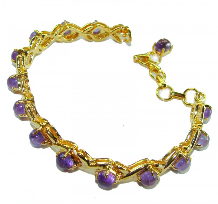 Dolce Vita - Precious Natural 22.5 carat Amethyst 14K Gold over .925 Sterling Silver handcrafted bracelet - Gold bracelet with amethyst stones, angled view.