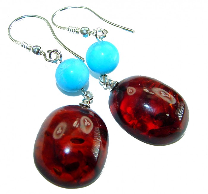 Golden Honey Drops authentic Baltic Amber .925 Sterling Silver earrings - Dangling earrings with blue beads and amber stones, front close-up.
