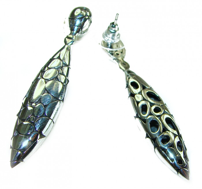 2 inches long - Free Spirit- bohemian Style .925 Sterling Silver handmade Bali made Oversized Earrings - Close-up view of bohemian style sterling silver drop earrings.