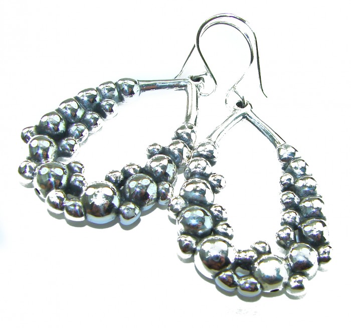 Fancy .925 Sterling Silver Italy made Earrings - Front view of Italian .925 sterling silver earrings with beaded design.