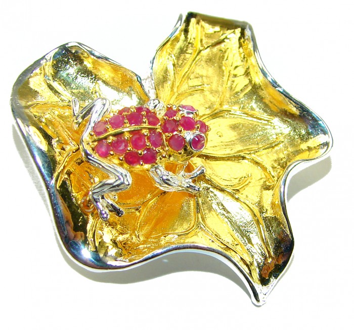 Red Frog Excellent 5.5 carat Ruby 14K Gold over .925 Sterling Silver handcrafted Pendant Brooch - Red frog brooch on gold leaf; top view; rubies and silver detailing.