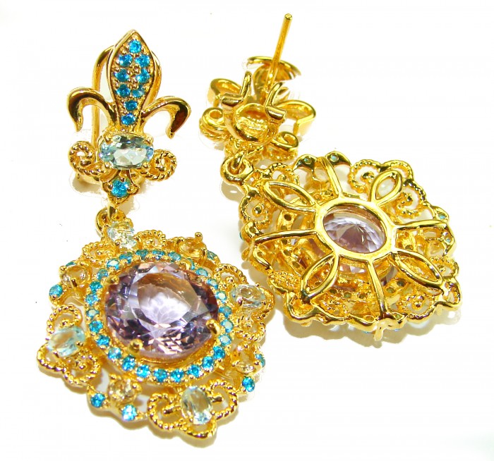 Celtic Spirit authentic fancy cut 22.5 carat Pink Amethyst 18K Gold over .925 Sterling Silver handcrafted Statement earrings - Golden earrings with pink amethyst and blue stones, ornamental front view
