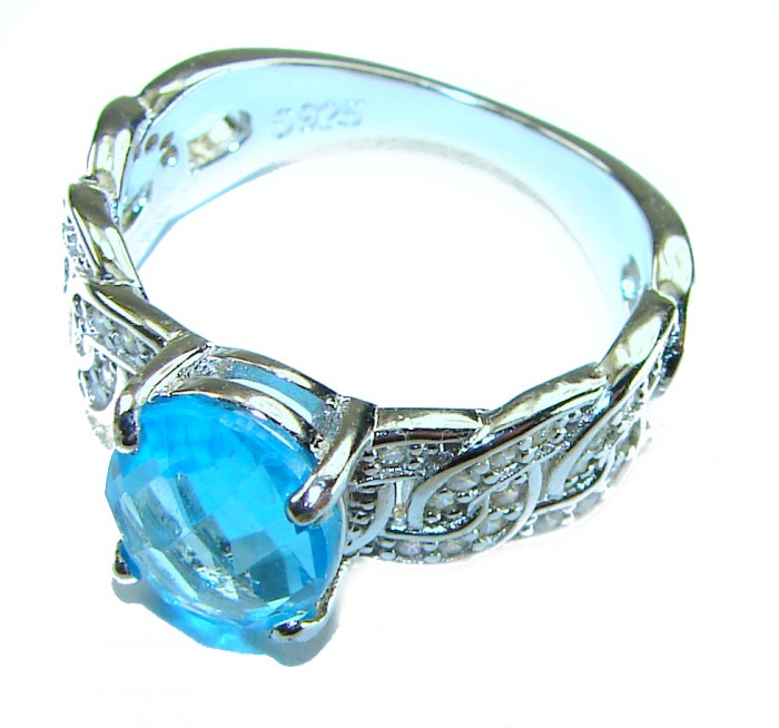 Blue Odyssey 4.5 carat authentic Swiss Blue Topaz .925 Sterling Silver handmade Statement Ring size 8 - Side view of Blue Odyssey 4.5 carat Swiss Blue Topaz silver ring