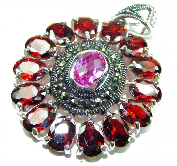 Posh Rose - 21.5 CARAT Pink Sapphire Garnet .925 Sterling Silver handmade Pendant - Close-up of Posh Rose pendant with pink sapphire, garnet, and sterling silver.
