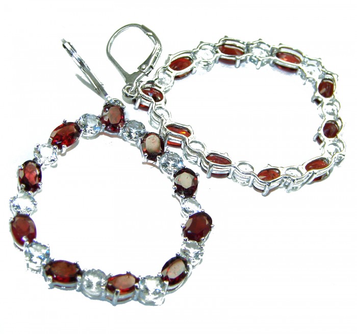 Long - Authentic 10.5ct Garnet White Topaz .925 Sterling Silver handmade earrings - Earrings with garnet and topaz stones in sterling silver, top view.