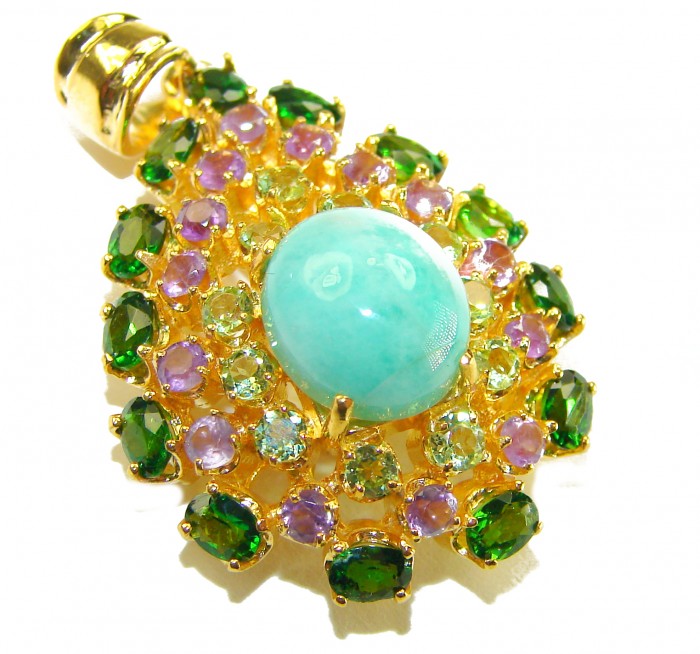 Exquisite Green Chrysophrase 18K Gold over .925 Sterling Silver handmade Pendant - Close-up of green chrysoprase pendant with multicolored stones.