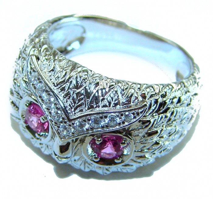 Owl 2.1 carat Pink Tourmaline Eyes .925 Sterling Silver dipped in real Gold handmade Ring size 7 1/4 - Close-up of owl ring with pink tourmaline eyes in sterling silver.