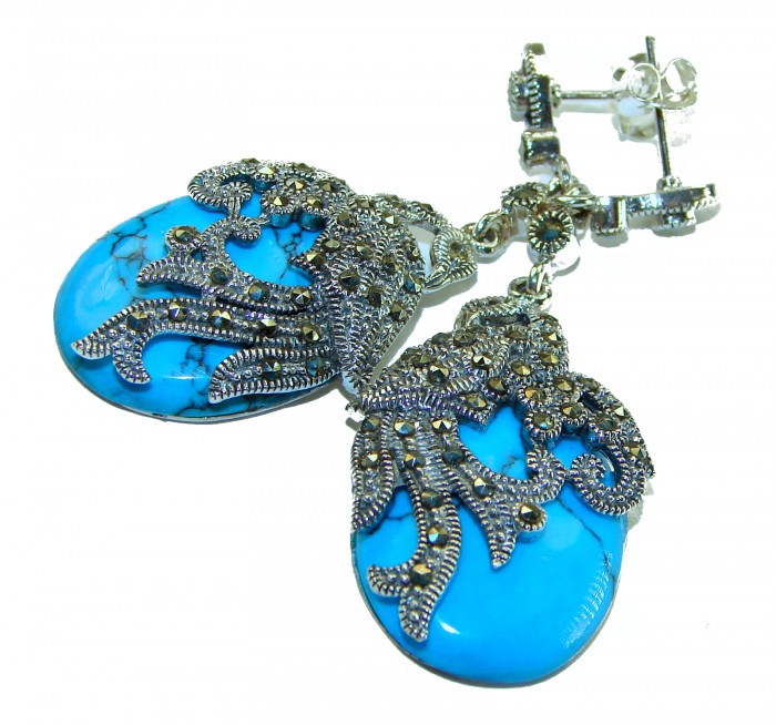 LARGE - Spectacular Peacocks Blue Turquoise .925 Sterling Silver handcrafted Earrings - Close-up of blue turquoise earrings with intricate silver detailing