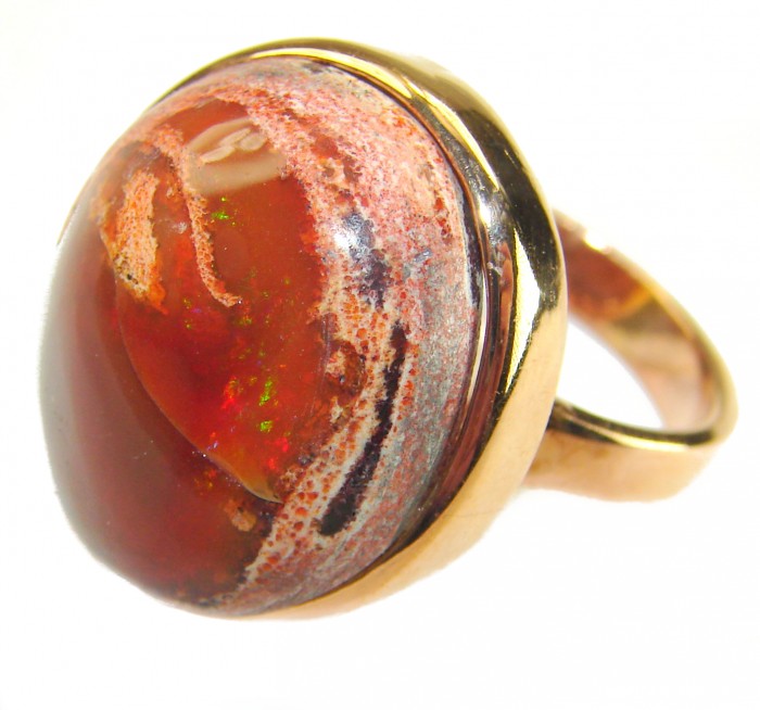 Bonfire Night best quality 33.4 carat Mexican Opal .925 Sterling Silver dipped in 18K Gold handmade ring 6 - Close-up of 33.4 carat Mexican Opal ring in gold setting.