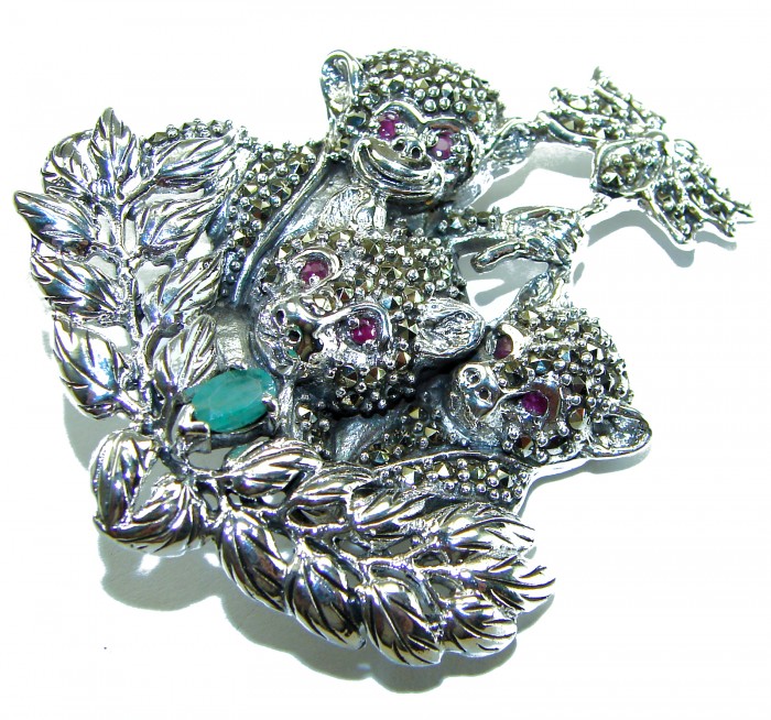 Three Monkeys - Spectacular - Ruby Marcasite .925 Sterling Silver handmade Brooch - Close-up of Three Monkeys pendant with ruby and marcasite stones