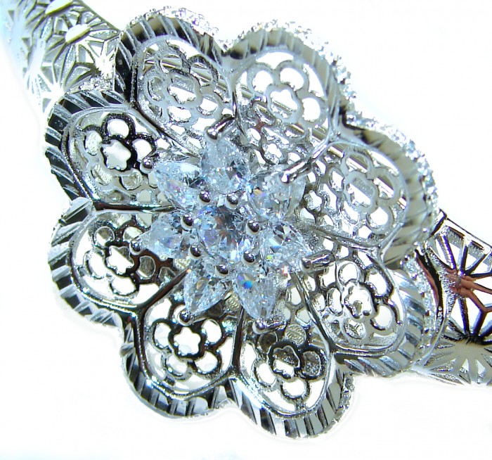 Aphrodite - Solid 2.5 multicolor white Sapphire .925 Sterling Silver handcrafted Bracelet - Close-up of floral design on Aphrodite sapphire sterling jewelry piece.