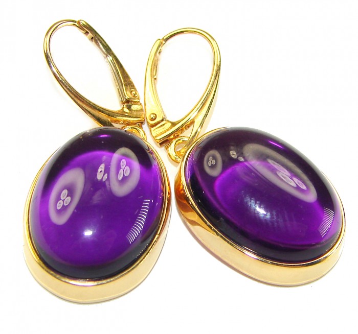 Lavender Beauty authentic 16.2 carat Amethyst 14K Gold over .925 Sterling Silver handcrafted earrings - Close-up of Lavender Beauty Amethyst earrings with 14K gold settings.