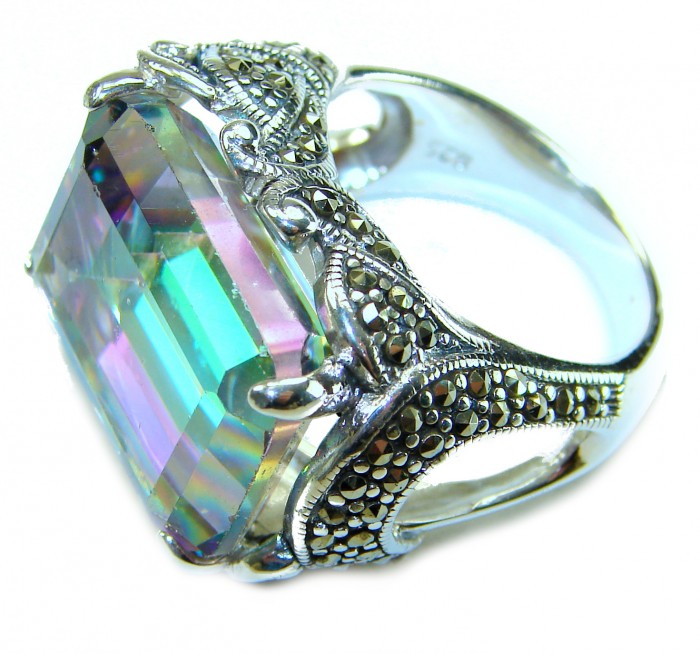 Big Dreamer Massive 25.8 carat Mystic Topaz .925 Sterling Silver handcrafted Large ring size 8 - Side view of 25.8 carat Mystic Topaz in ornate sterling silver setting.