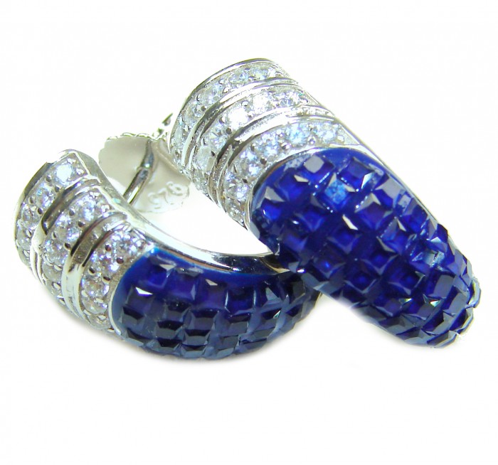 Born to Glam authentic 10.5 carat Sapphire .925 Sterling Silver handcrafted earrings - Close-up of sapphire and diamond sterling silver earrings.