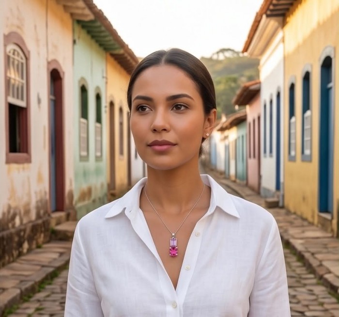 Marvelous Natural 20.8 carat Pink Sapphire .925 Sterling Silver Handcrafted pendant - Woman wearing pink sapphire pendant necklace on stone street.
