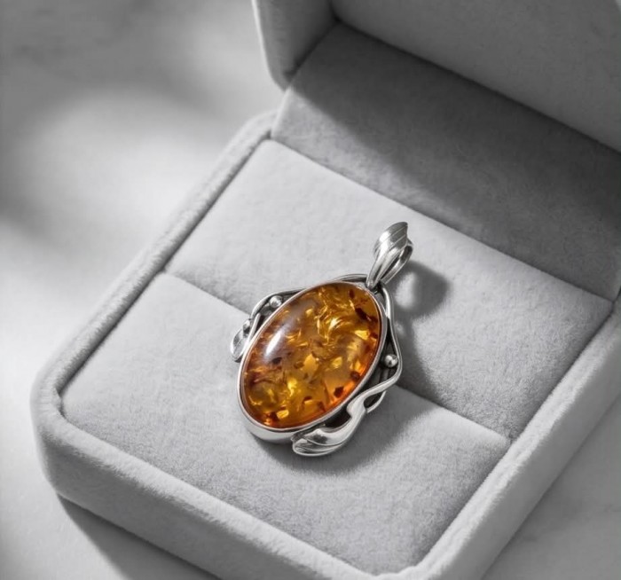 Sea Treasure Prehistoric Authentic Golden Baltic Amber .925 Sterling Silver beautifully handcrafted Pendant - Golden Baltic amber pendant in a jewelry box, top view.