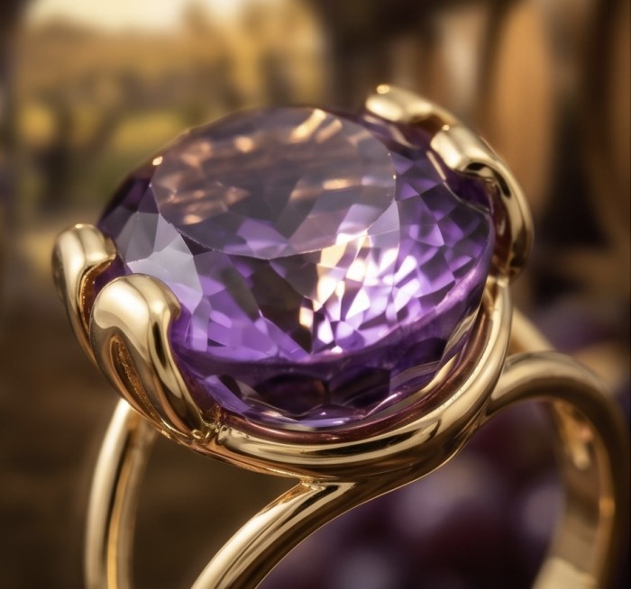 Purple Mystery 12.5 carat Amethyst .925 Sterling Silver dipped in 18K Gold Handcrafted Ring size 9 - Close-up of Purple Mystery 12.5 carat amethyst in gold setting.