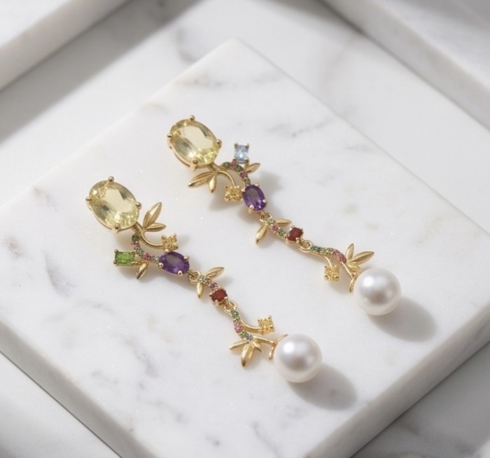 Golden Royalty 6.5 carat Citrine Pearl 18K Gold over .925 Sterling Silver brilliantly handcrafted earrings - Gold and gemstone drop earrings displayed on a marble surface