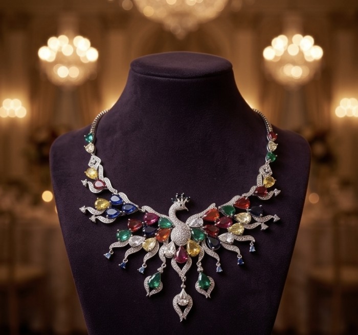 55.2 carat Graceful Swan Natural multicolot Topaz .925 Sterling Silver handcrafted Statement necklace - Front view of a multicolor gemstone swan necklace on a display bust