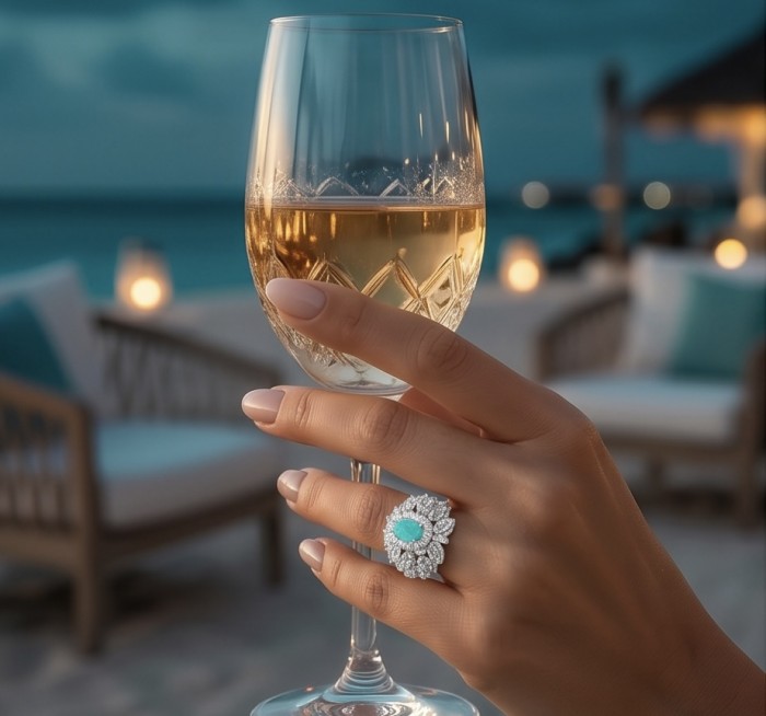 Luxurious 4.2 carat Colombian Emerald .925 Sterling Silver dipped in Rhodium handcrafted Ring size 8 1/4 - Emerald ring worn on hand, with wine glass in elegant setting