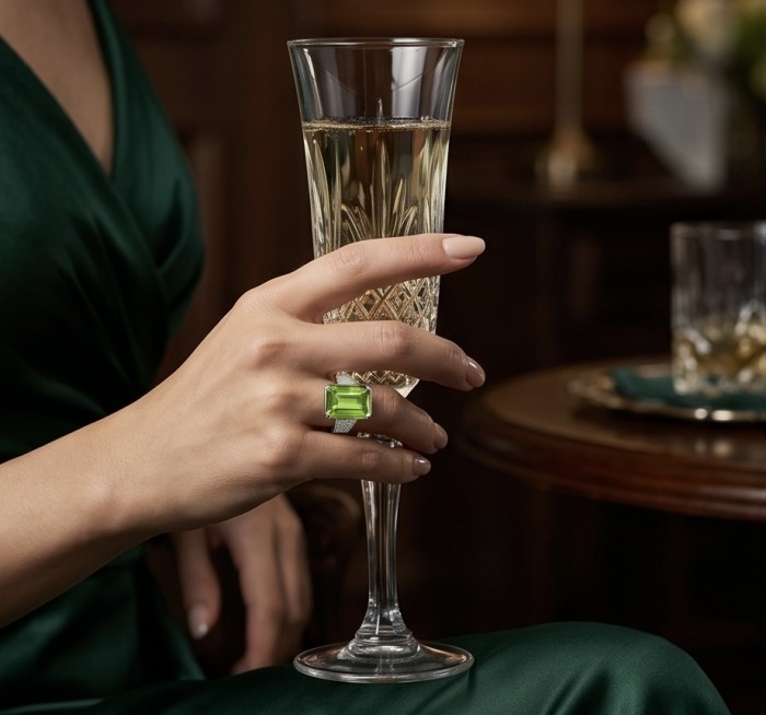 RARE FINDING! Authentic baquette cut 17.9 carat volcanic Green Helenite .925 Sterling Silver ring s. 7 - Close-up of volcanic G ring worn, holding a crystal champagne glass.