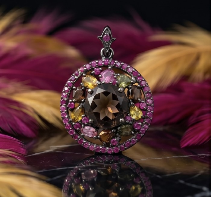 Authentic 22.5 carat carved Smoky Topaz black rhodium over .925 Sterling Silver handmade Statement Pendant - Smoky Topaz pendant front view with colorful gemstone accents