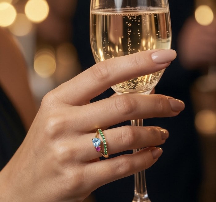 Atlntica 5.8 carat Swiss Blue Topaz .925 Sterling Silver dipped in 14K Gold handcrafted ring size 8 - Ring with blue topaz worn on hand holding a champagne glass