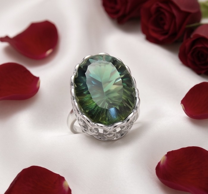 Exotic Beauty oval cut 17.5 carat Helenite .925 Sterling Silver handmade Ring s. 8 1/4 - Close-up of Exotic Beauty 17.5 carat Helenite ring on satin with roses