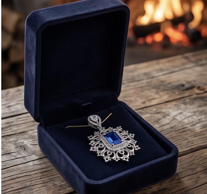 Born to Glam 2.2 carat natural Sapphire .925 Sterling Silver Perfectly handcrafted Pendant - Sapphire pendant in box, top view, on rustic wood background with firelight.