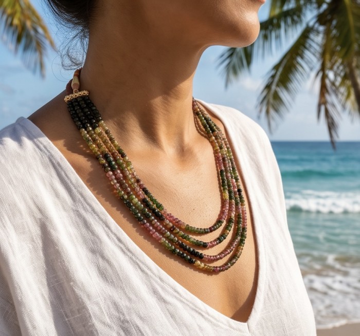 Infinity authentic 129.5 carat Brazilian Watermelon Tourmaline handcrafted necklace - Side view of necklace worn, showcasing Brazilian Watermelon Tourmaline.