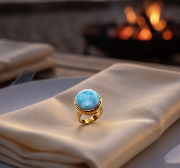 Perfection 20.4 carat Blue Larimar 22K Gold over .925 Sterling Silver handmade ring size 7 adjustable - Blue Larimar ring on folded cloth, warm fire in background, top view.
