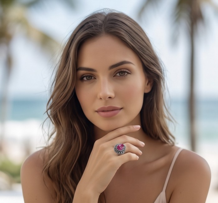 Carmen Natural 10.7 carat Ruby .925 Sterling Silver handmade Statement Ring size 9 - Ruby ring worn on hand, outdoor beach background.