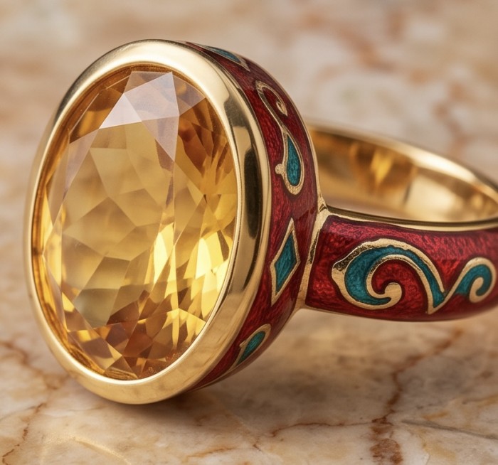 Summer time Fiesta Natural 9.8 carat Swiss Blue Topaz Enamel .925 Sterling Silver dipped in 22K Gold handmade Statement Ring size 6 - Close-up of Conqueror Swiss Blue Topaz ring with enamel detailing