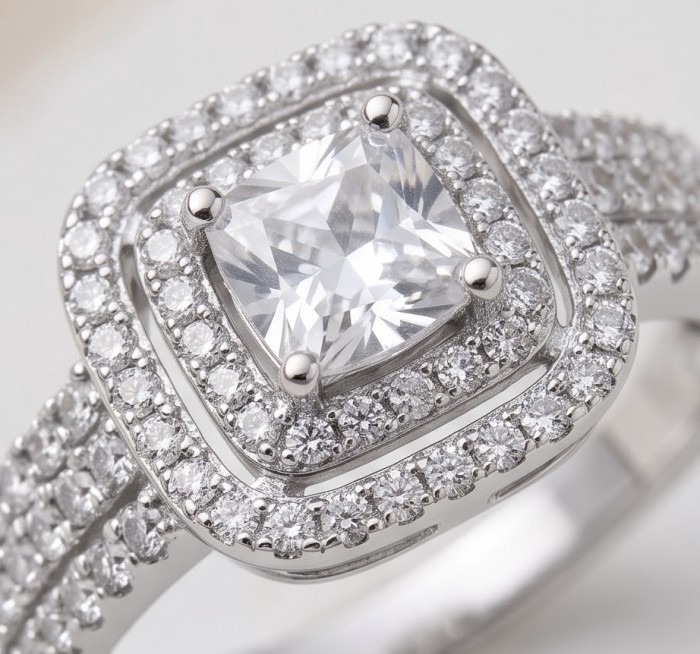 Real Beauty - 5.5 carat White Topaz .925 Sterling Silver Handcrafted Statement Ring size 7 1/2 - Close-up of white topaz ring with double halo and pavé band in sterling silver.