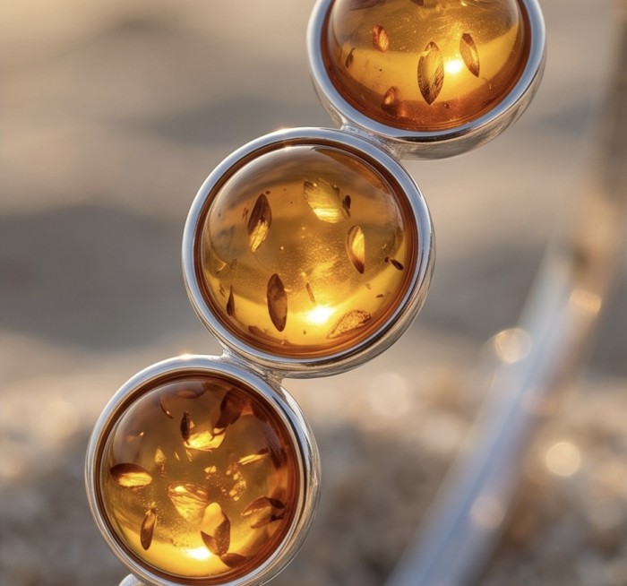 Excellent Baltic Amber .925 Sterling Silver entirely handcrafted Bracelet - Stone close-up of Baltic Amber in .925 Sterling Silver jewelry piece