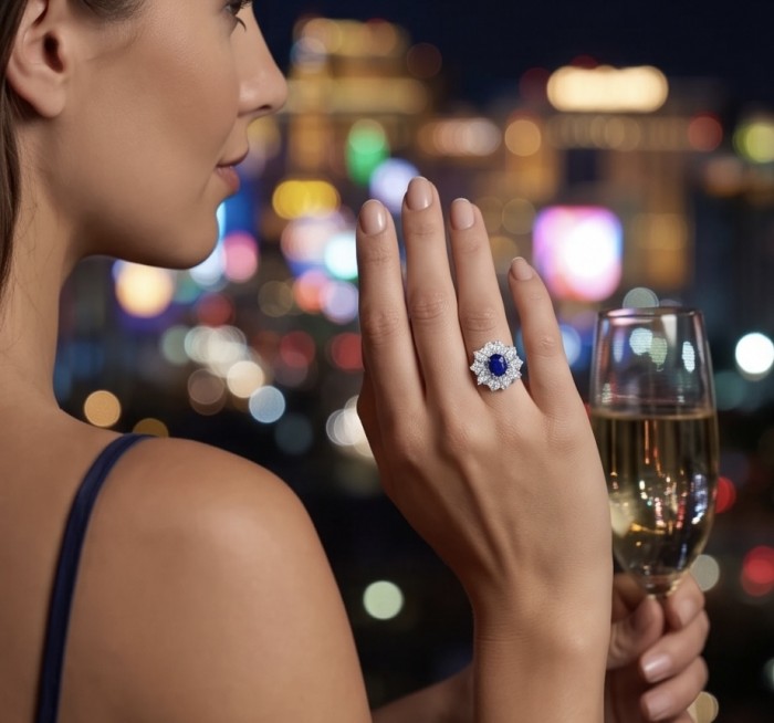 Classy design - 4.2 carat natural Sapphire .925 Sterling Silver Perfectly handcrafted Ring s. 5 - Worn on hand, sapphire ring, evening cityscape background, side view.