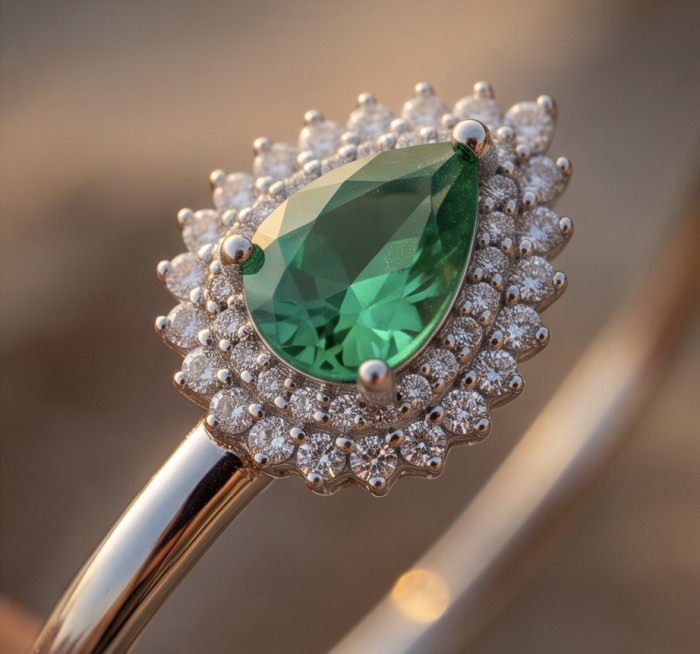 Victoria 8.7 ctw Colombian Emerald rhodium over .925 Sterling Silver handcrafted Statement bracelet - Close-up of teardrop emerald ring with diamond halo detail